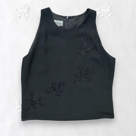Early 2000's Whimsygoth Black Sheer Mesh Beaded Floral Embroidered Tank Top M - Picture 1 of 5